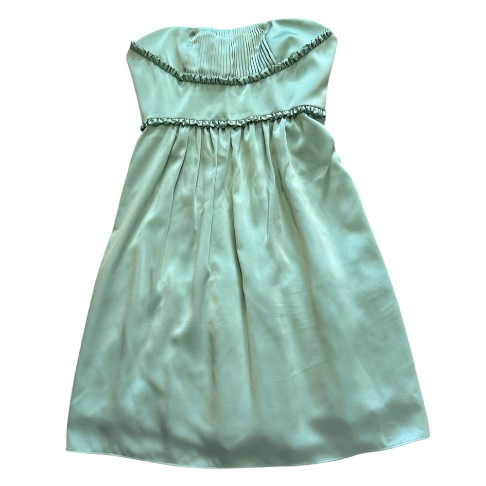 BCBGMAXAZRIA Mint Green Satin Strapless Pinktuck Pleat Ruffle Trim Mini Dress 2